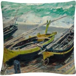 Promo ✔️ Trademark Fine Art Claude Monet Three Fishing Boats Decorative Throw Pillow ⌛