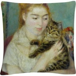 Promo ???? Trademark Fine Art ???? Woman With A Cat Decorative Throw Pillow ????